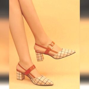 SHEIN tan Brown plaid fabric slingback heels 39 7.5